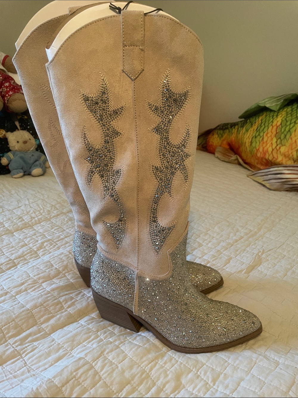 Women's Glitter Embellished Tan Suede Western Heeled Boots* never worn